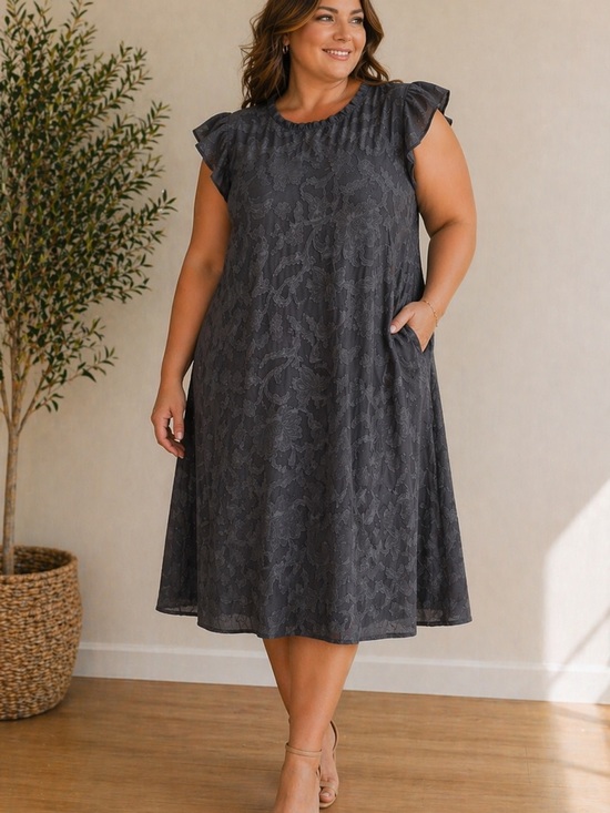 LOFT Dresses & Skirts - LOFT Charcoal Grey Floral Jacquard Midi Dress with Cap Sleeves